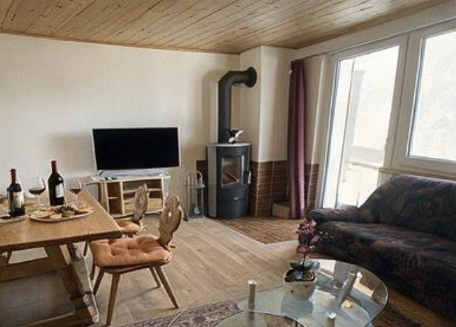 Wohnzimmer der 3-Zimmer-Gästewohnung mit Holzdecke und Cheminée